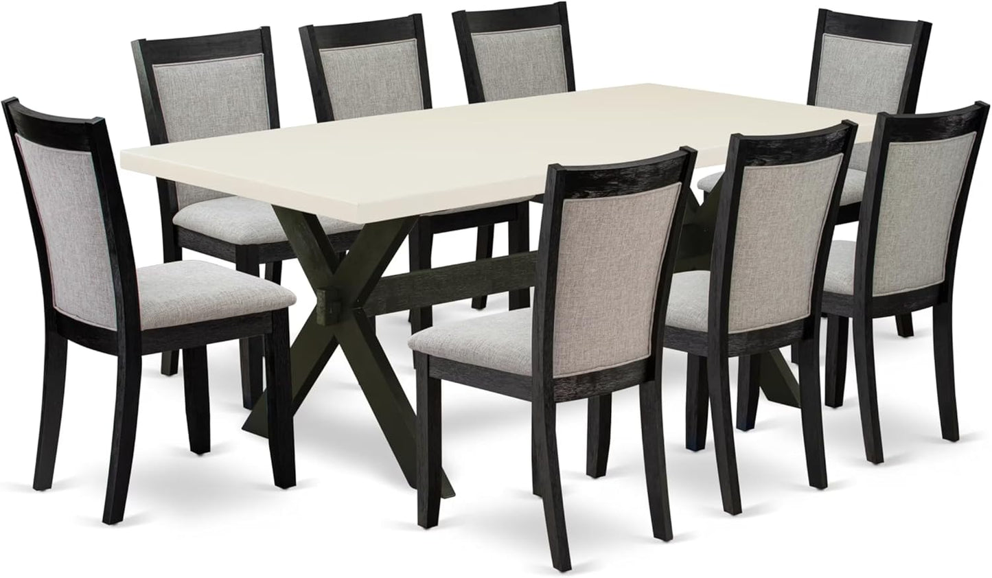 East West Furniture X627MZ606-9 9 Piece Modern Dining Table Set Includes a Rectangle Dining Room Table with X-Legs and 8 Shitake Linen Fabric Upholstered Chairs, 40x72 Inch, Multi-Color