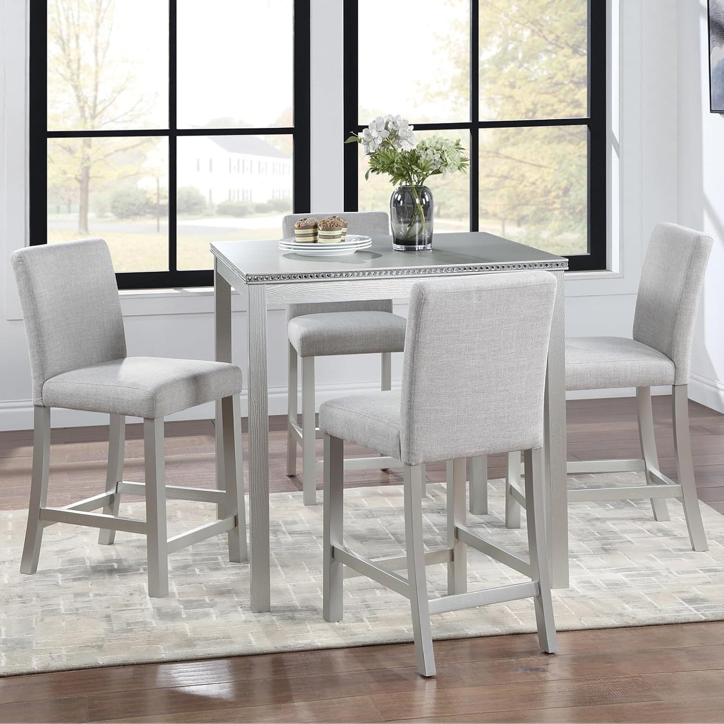 KEIKI 5-Piece Counter Height Dining Table Set with Square Table and 4 Upholstered Chair, for 4 Person, Classic Crystal Decoration Wooden Table Set, Easy Assembly, for Kitchen, Dining Room, Silver Grey