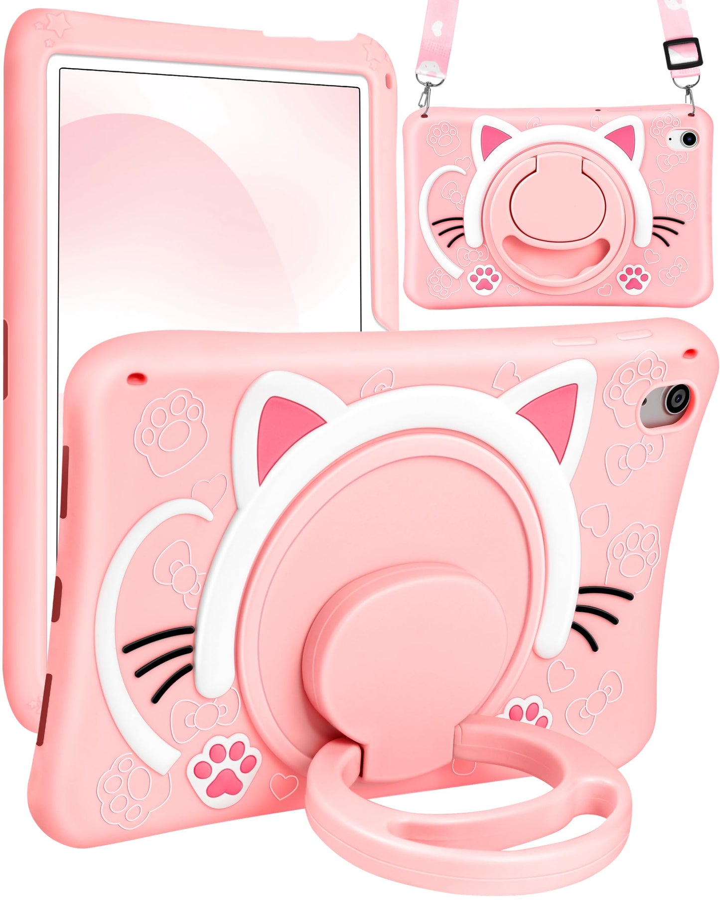 Wazzasoft for iPad A16 Case/10th Generation Case - Soft Silicone Tablet Cover for iPad 11th 11 Inch/10th 10.9 Inch Funda Girls Women 3D Cartoon Cute Cat Kitten with Rotating Stand & Strap -Like New