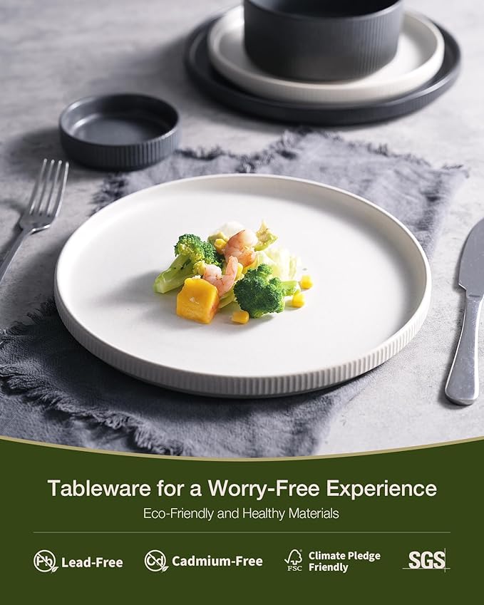 Famiware Star Dinnerware Set, Plates and Bowls Sets for 8 (24pcs), Ribbed Stoneware Dishes - Chip & Scratch Resistant, Microwave & Dishwasher Safe, Multicolor - Matte White & Matte Dark Charcoal