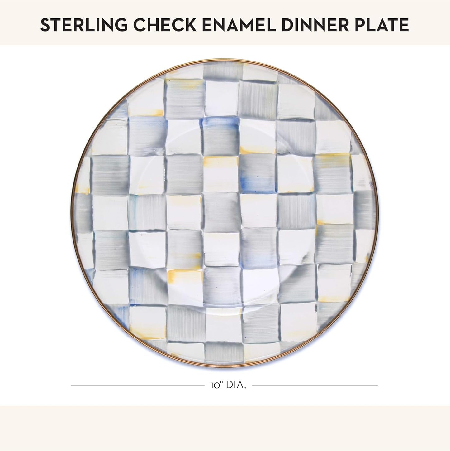 MACKENZIE-CHILDS Enamel Dinner Plate, Decorative Dinnerware Plate, 10 Inches, Set of 1, Gray-and-White Sterling Check