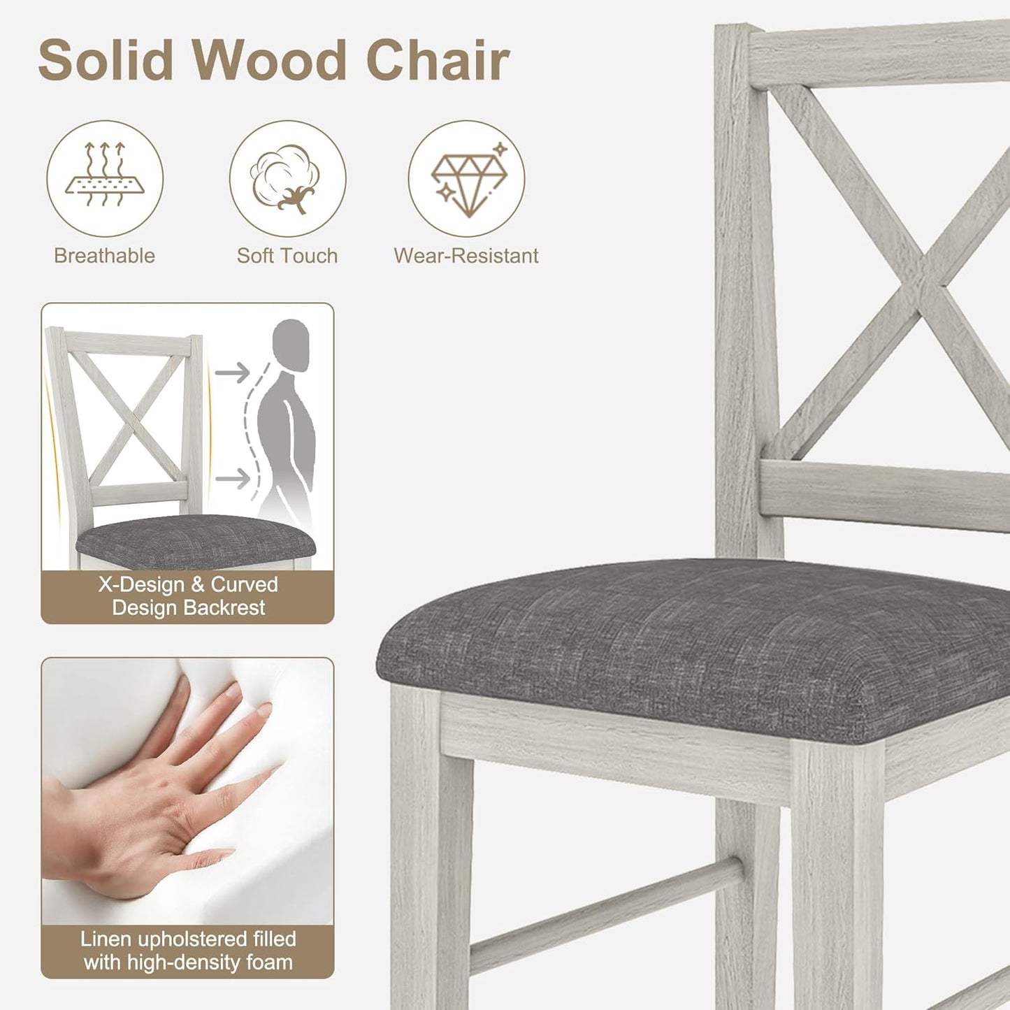 Solid Wood Dining Chairs Set of 4, Farmhouse Chairs with High Cross Back and Upholstered Seat, Easy Assembly for Dining Room, Kitchen, Washed Gray