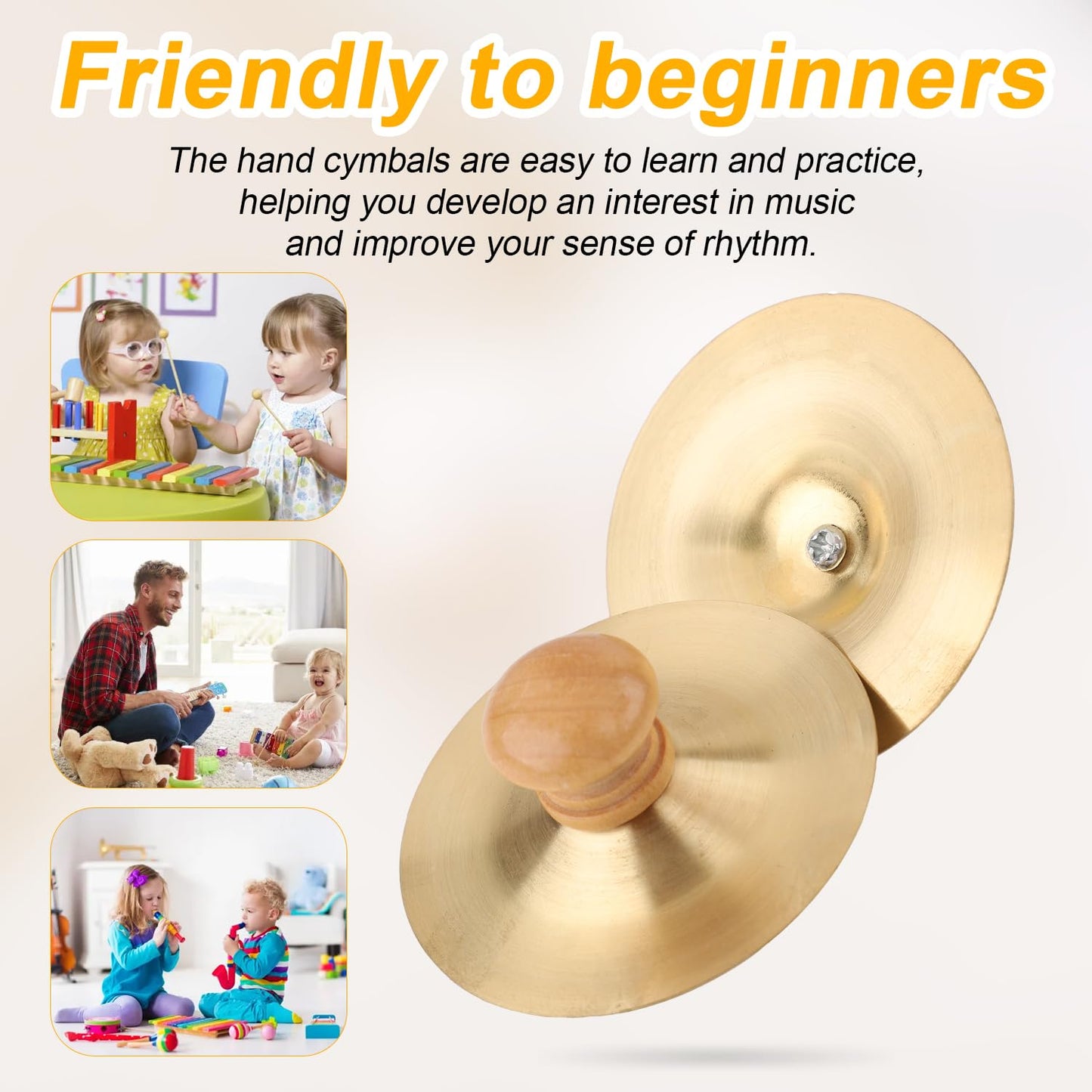 1 Pair 2.76 Inch Finger Cymbals With Wooden Handles, Mini Small Hand Cymbals Portable Small Practice Cymbals Copper Zills Finger