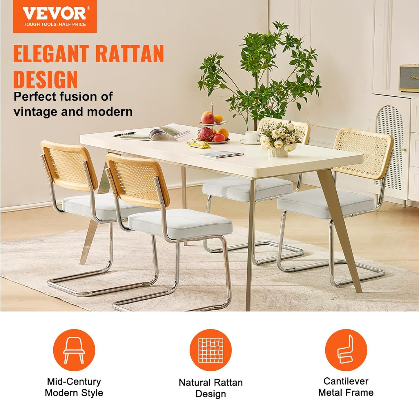 VEVOR Rattan Dining Chairs Set of 4, Mid Century Modern Dining Chair, Upholstered Velvet Accent Chair with Rattan Back, Retro Dining Room Kitchen Chair for Living Room, Bedroom(18.1 Inch)