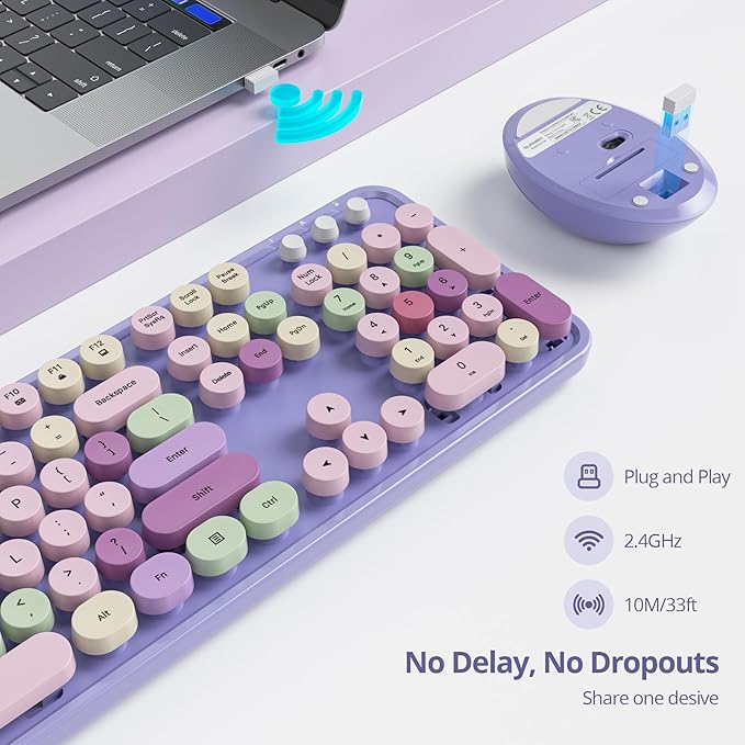 Wireless Keyboard and Mouse Set, Retro Typewriter 2.4GHz Full Size 104-Key Cute Colorful Keyboard with Number Pad Round Keycaps for Windows PC Laptop(Colorful Purple)
