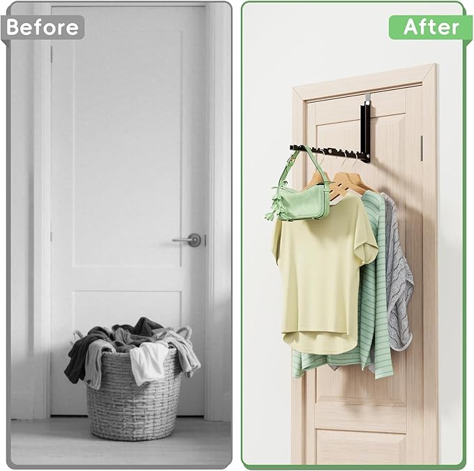 Over The Door Hooks, Extended Over The Door Clothes Hanger with 10 Ridges,Space-Saving Over The Door Rack,Door Hooks for Hanging Clothes,Larger Capacity Over The Door Hanger (1, Black)