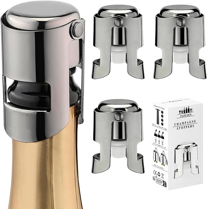 Champagne Stoppers for Bottles, Pafusen Champagne Sealer Stopper, Stainless Steel Champagne Cork Stopper Toppers, Saver for Champagne Cava Prosecco Sparkling Wine (Champagne -3-Pack-Black)