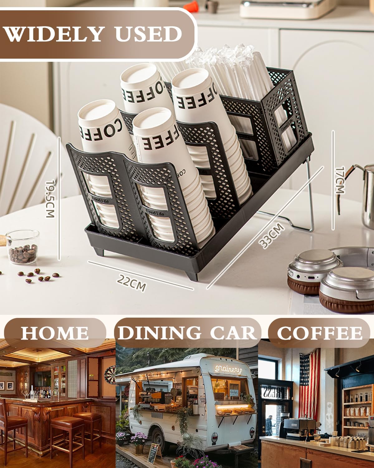 Coffee Cup Holder Organizer Unbreakable 2-IN-1 Paper Cup and Lid Holder with Straw Organizer Adjustable Paper Cup Holder for Countertop Coffee Station Bar Restaurant Breakroom Kitchen Office