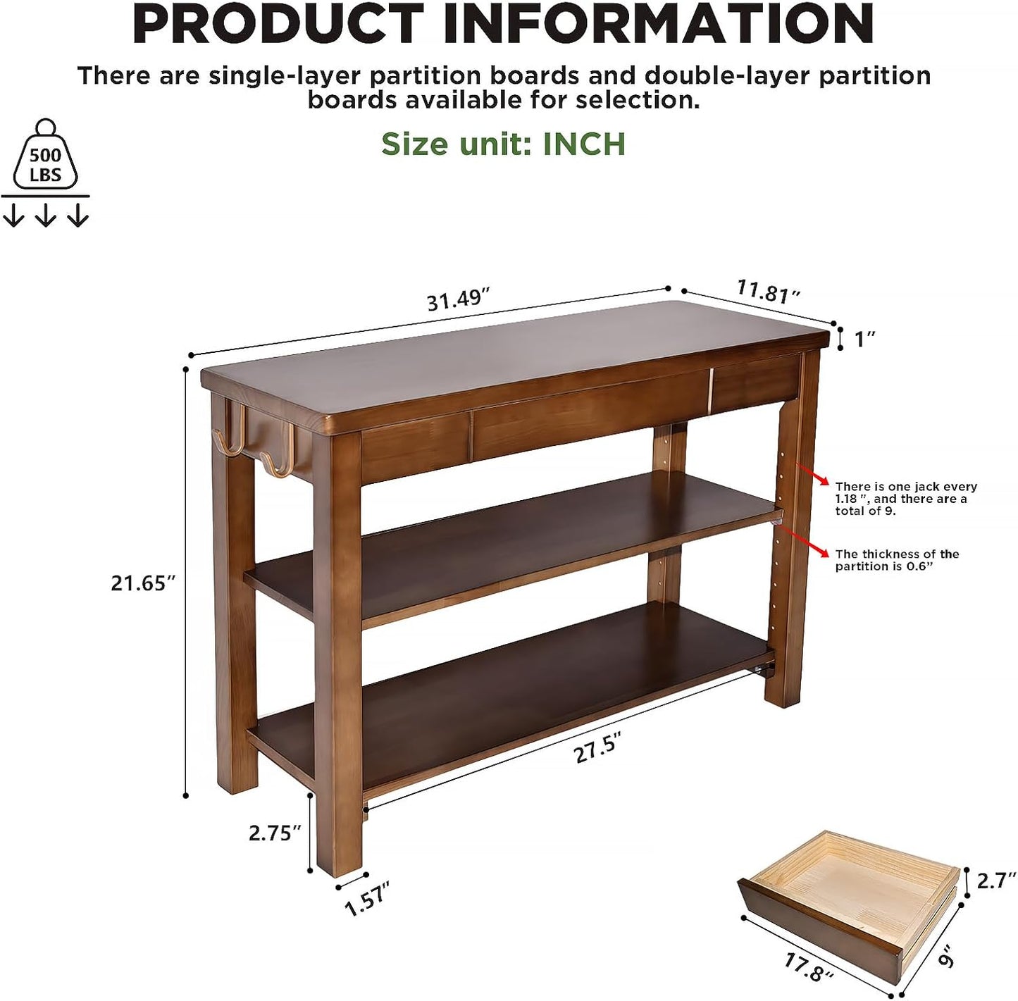 Wood Shoe Bench Entryway with Drawer: 2-Tiers Wooden Storage Shoe Rack with Bench Seat, Compact Mid-Century Modern Design for Entryway, Hallway,Closet,Front Door Entrance,Foyer Walnut 31.5"