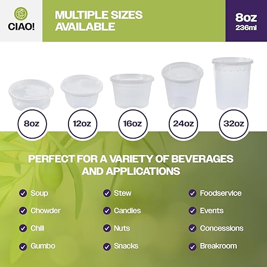 CIAO! 8OZ PP Injection Molded Soup-Deli Container with LLDPE Lid, Microwavable and BPA Free (240/240 combo pack)