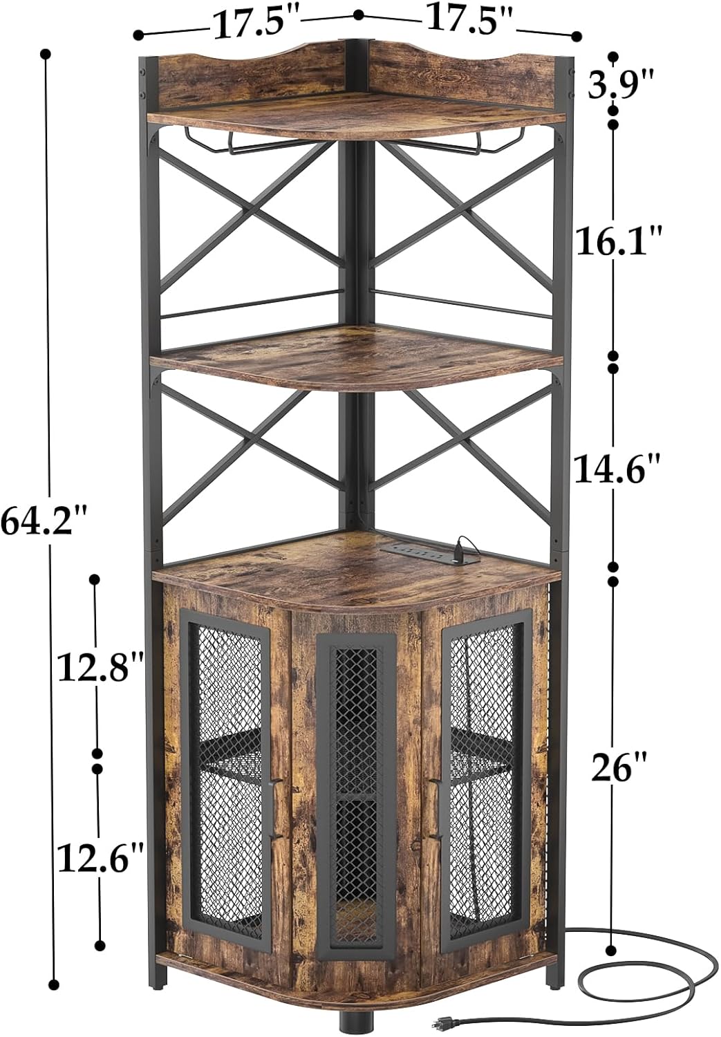 Aheaplus Corner Bar Cabinet with Power Outlet, Industrial Wine Cabinet with LED Strip and Glass Holder, 5-Tiers Liquor Cabinet Bar Unit for Home, Corner Display Cabinet for Small Space, Rustic Brown