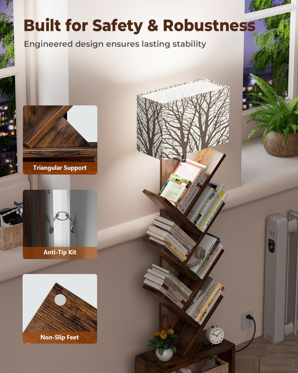 Tree Bookshelf with Light, 6 Tier Small Bookcase, Narrow Floor Standing Book Tower Organizer with Storage Cabinet for Living Room, Bedroom and Home Office, Rustic Brown