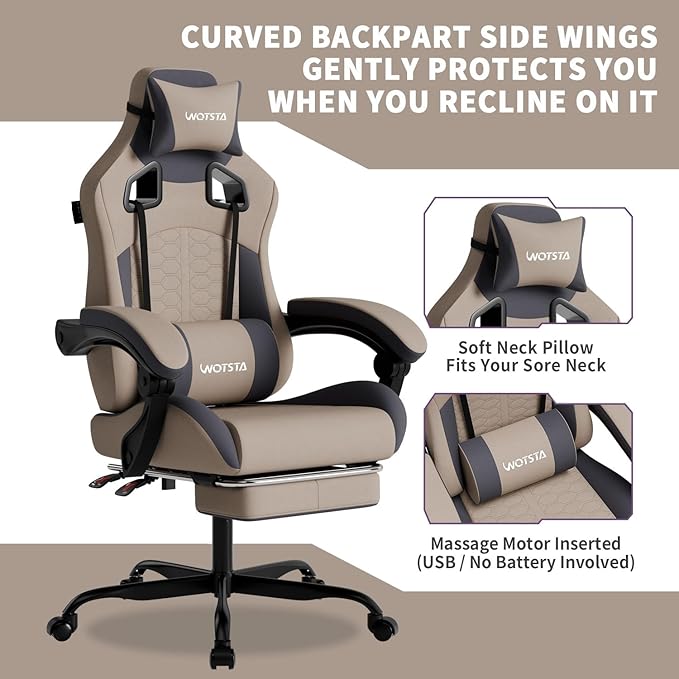 Gaming Chair with Massage,Ergonomic PC Gaming Chair with Footrest Comfortable Headrest and Lumbar Support, High Back, 300LBS (Grey)