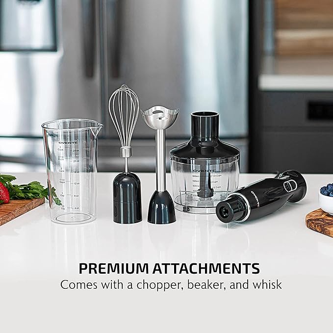 OVENTE Immersion Hand Blender Set, 300W Corded Electric Handheld Stick Mixer, 2 Mixing Speeds with Stainless Steel Blades, Egg Whisk, Beaker & BPA-Free Food Chopper, Black HS565B