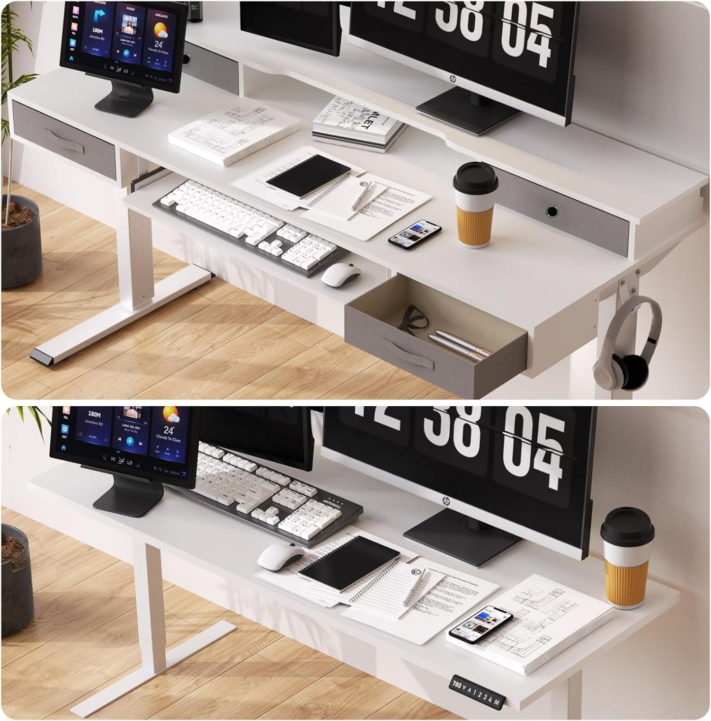 Electric Standing Desk, 55" Standing Desk Adjustable Height, Multifunctional Standing Table with 4 Drawers, Ergonomic Adjustable Standing Desk with Keyboard Tray, Snow White