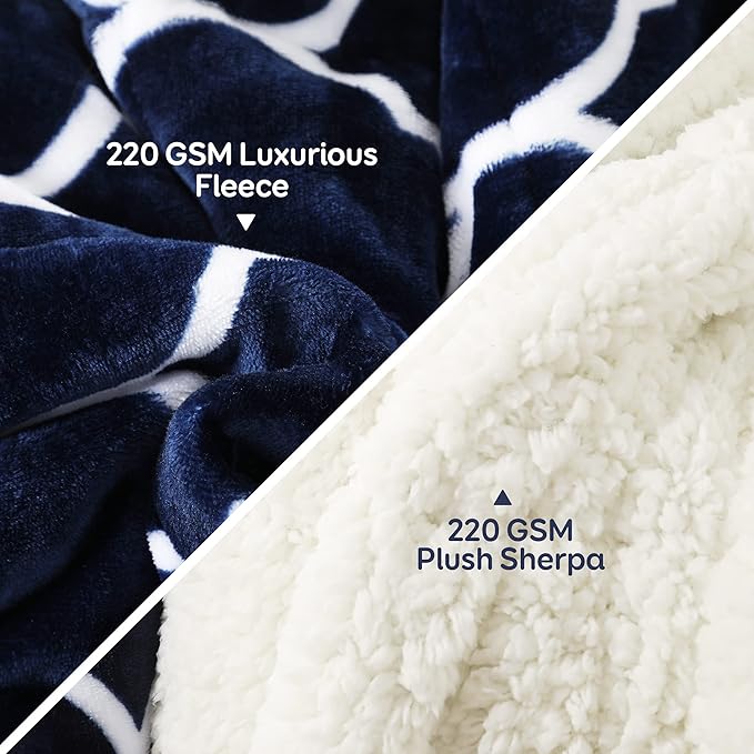 Cottonblue Morocco Fashion Print Weighted Blanket 15lbs, Sherpa Fleece Weighted Blanket for Adult, Dual Sided Fluffy Fuzzy Plush Thick Throw Blanket for Sofa Bed, 60x80 inches, Navy Blue