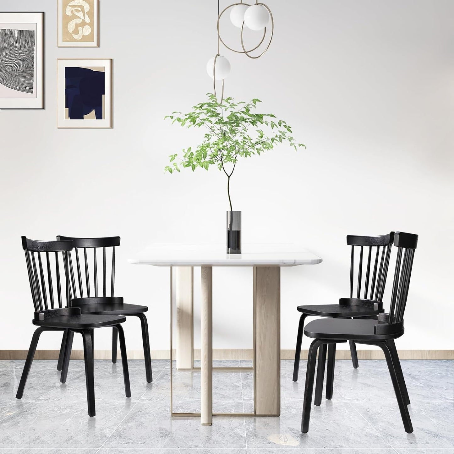 Unovivy Wood Dining Chairs Set of 6, Windsor Farmhouse Spindle Back, Widen Seat, Modern Mid-Century Country Style, for Living Room Restaurant, Black