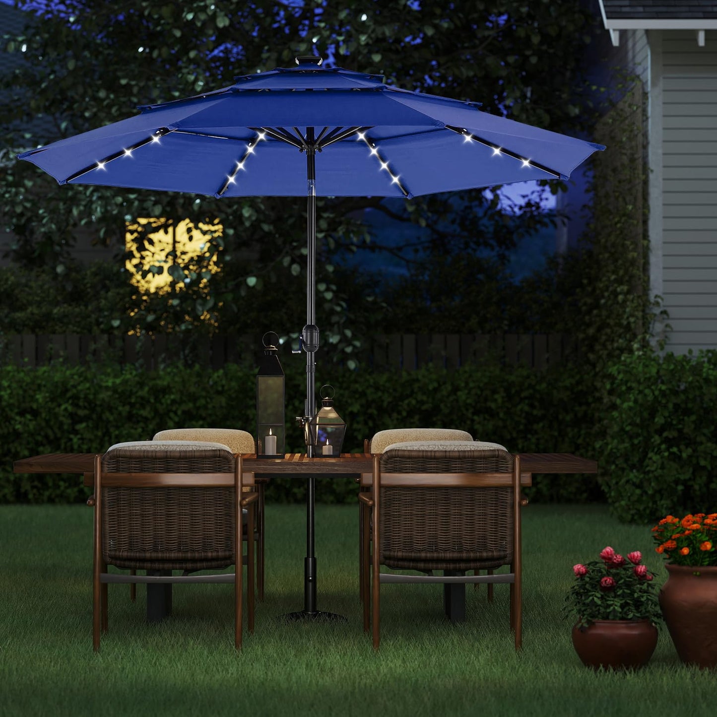 DUMOS 10FT 3 Tier Patio Umbrella with 32 LED Lights, 8 Ribs Outdoor Table Umbrella with Crank, Waterproof Market Umbrella for Pool, Beach, Terrace and Outdoor Restaurant, Navy Blue