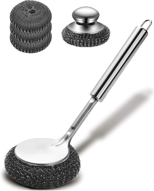 5Pcs Steel Wool Scrubber, Stainless Steel Scrubber Set with Long & Short Handle & 3Pcs Pads, Metal Scrubbers for Cleaning Kitchen,Household,Dishes,Wash Sink,Pots,Pans,Cast Iron,Grills,Stoves