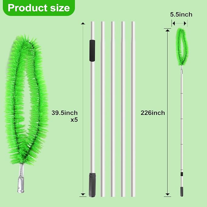 19Ft Roof Rake Brush for Snow and Leaves, Gutter Cleaning Broom Tool, Spider Web Brush Cleaner for Shingles, Corrugated，High Ceiling,Porch,Outdoor Window Cob Web Remover - Lightweight Pole
