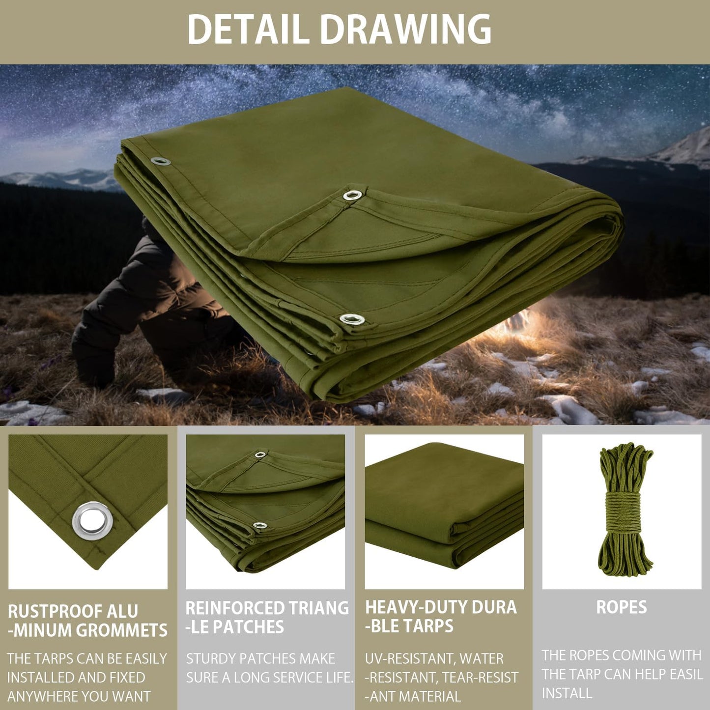 FoundGo Canvas Tarp 8'*10' Heavy Duty Waterproof Tarps with Grommets, UV Resistant, 22 Mil Tarpaulin,14 oz Durable Cloth Covers for Car, Roof, Boat, Camp, Canopy, Woodpile with Ropes.8'*10'