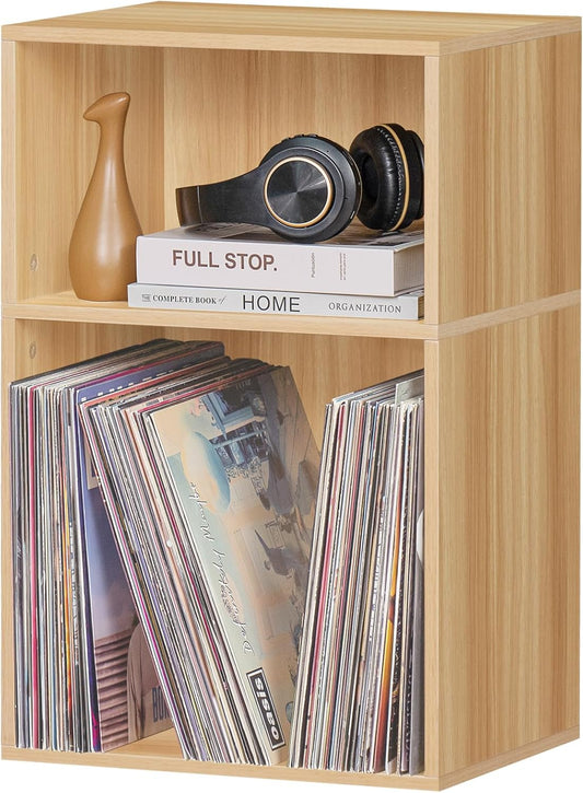 LEYAOYAO 2 Cube Bookshelf,Natural Record Player Stand Holds up to 100 Albums, Mini Wood Book Shelf Storage Organizer,Turntable Stand with Vinyl Storage Cabinet, Narrow Open Bookcase for Small Spaces