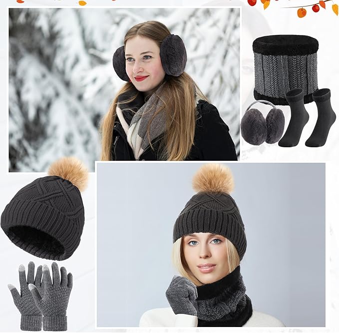 SATINIOR 5 Pcs Winter Hat Scarf Gloves Set Fleece Warm Lined Knit Beanie Hat Touch Screen Earmuff Gloves Warmer for Women(Dark Gray,Stylish Style)