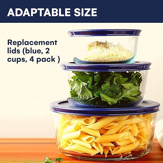 Wood Grip - Lids for Pyrex and Anchor Round Glass Containers - Lids for Pyrex Glass Containers - Replacement Lids (Blue, 2 Cups, 4 Pack)
