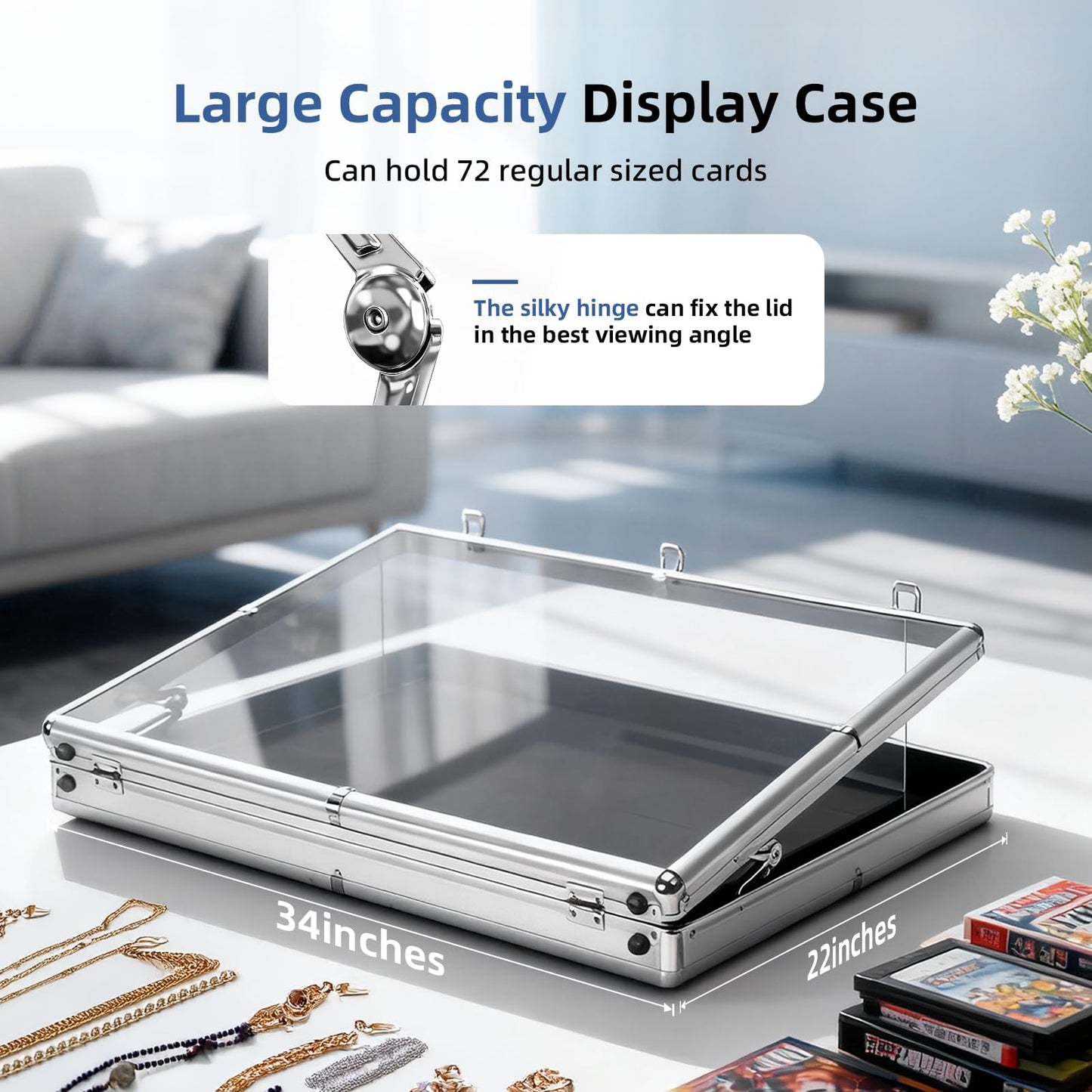 Large Portable Card Show Display Case 34"x22", Aluminum Lockable Trade Show Display Case with Acrylic Side and Handle, Tabletop Showcase for Baseball Sports Graded Cards TCG Craft Jewelry Collection