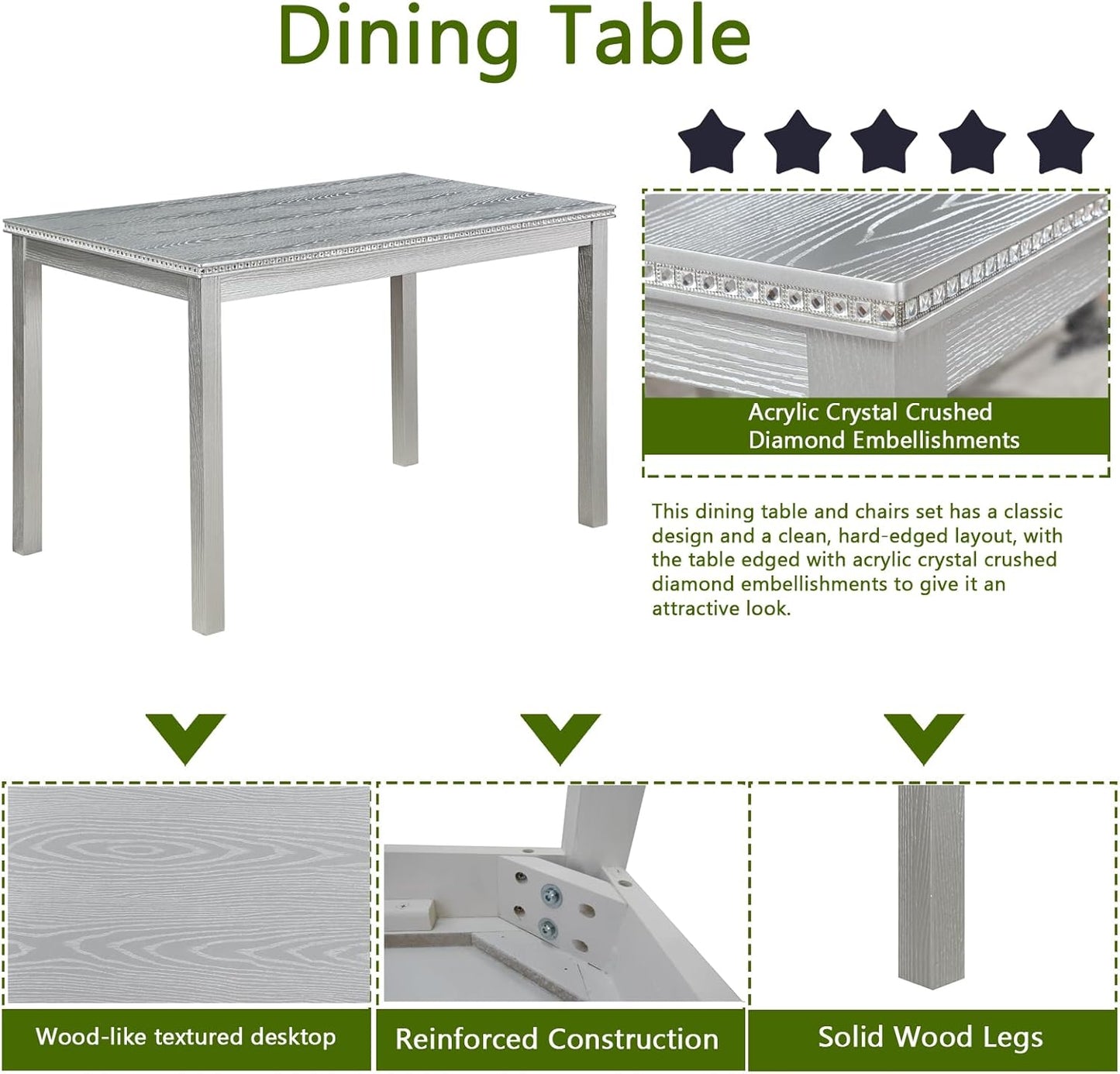 KEIKI 5-Piece Standard Height Dining Table Set with Rectangular Table and 4 Upholstered Chair, for 4 Person, Crystal Decoration Wooden Table Set, Easy Assembly, for Kitchen, Dining Room, Silver Grey