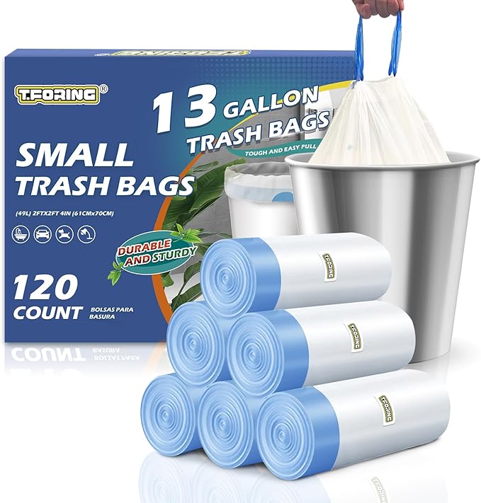 13 Gallon Trash Bags Drawstring 120 Count, 1.7 Mil Thick White Garbage Bags, Easy-Dispense Roll for Kitchen & Household Use, Resists Tears, Leaks and Punctures