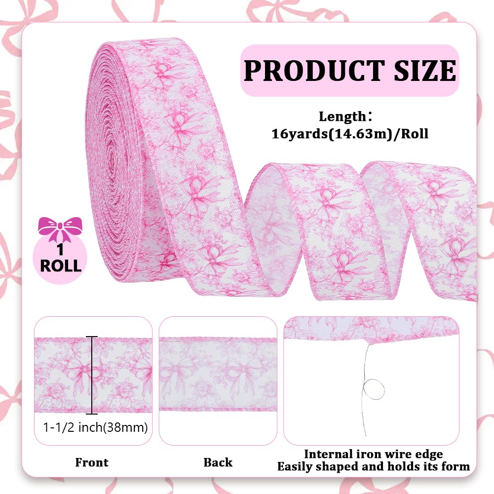 FINGERINSPIRE 16Yards Pink Floral Bow Wired Edge Ribbon 1-1/2 inch Wide Flower Bowknot Fabric Ribbons Pink Bowknot Decorative Webbing Ribbon for DIY Crafts Wreath Bow Making DIY Craft Supplies