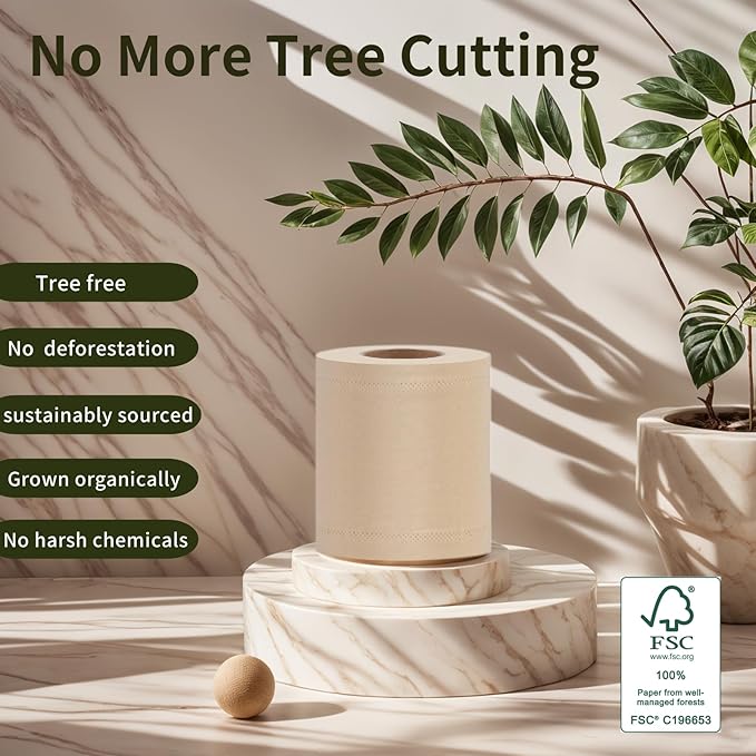 Bamboo Toilet Paper 12 Rolls, Resuable Packaging,New Plastic-Free,3 ply, Septic Safe,Unbleached Brown,Chemical Free,Tree-Free,Soft and Absorbent,Bathroom Tissue Rolls