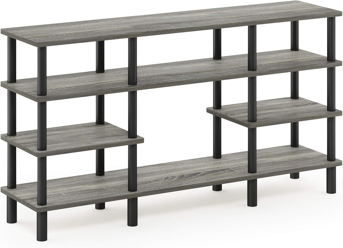 Furinno Turn-N-Tube 4-Tier Multipurpose Wide Shelf TV Stand, French Oak Grey/Black