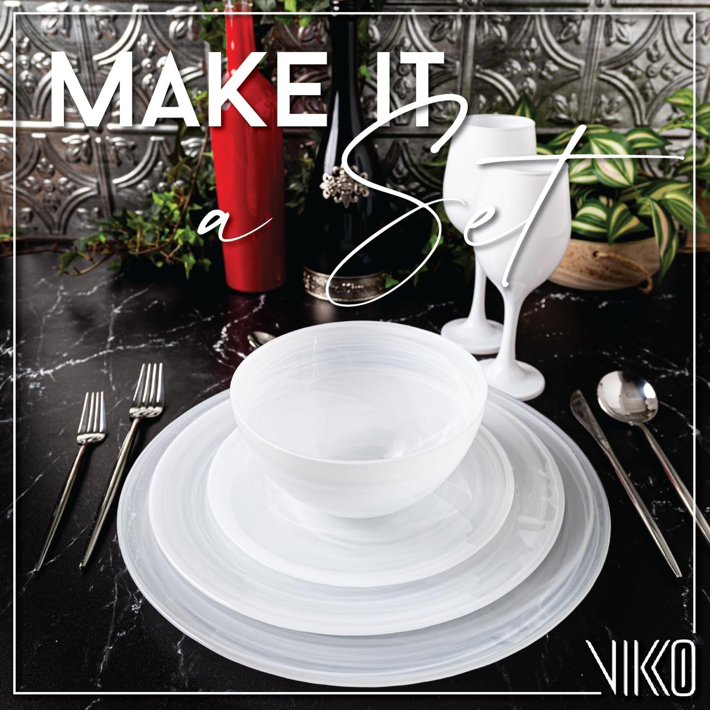 Vikko Charger Plates, Set of 4 White Alabaster Dinner Plates, 13" Plate with Marbelized, Swirl Design, Elegant Glass Charger, Dishwasher Safe