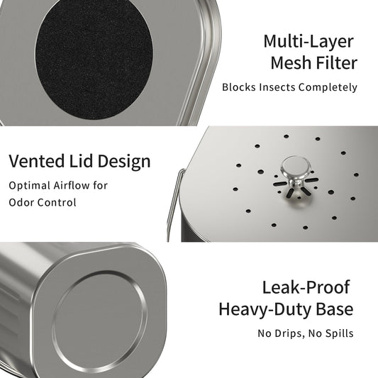 MRBIN Stainless Steel Kitchen Compost Bin Countertop Trash Can with Lid and Charcoal Filter, Metal Small Indoor Rubbish Dustbin for Food Waste Recycle