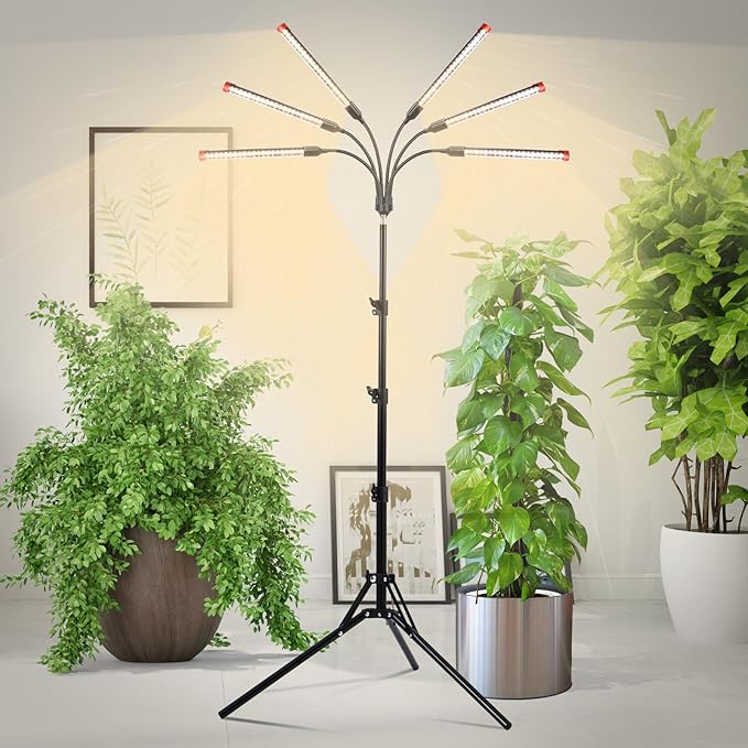 6Head Grow Light on Stand for Large and Tall Indoor Plants, Bonsai Tree, Bright and Big Coverage Plant Growing Lamps, 4/8/12/16/20H Timer, 54 Watt Power Draw, NO Need Adapter, 360° Gooseneck