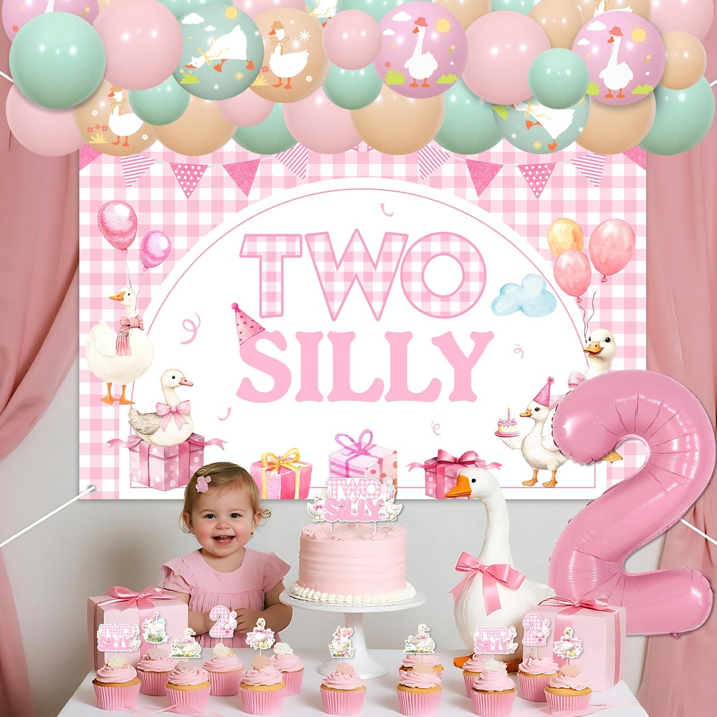 Two Silly Goose 2nd Birthday Decoration Little Goose Backdrop Gingham Cake Cupcake Topper Pink Green Apricot Latex Balloon Garland Arch Kit for Girl Farm Animal Second Birthday Party Supplies