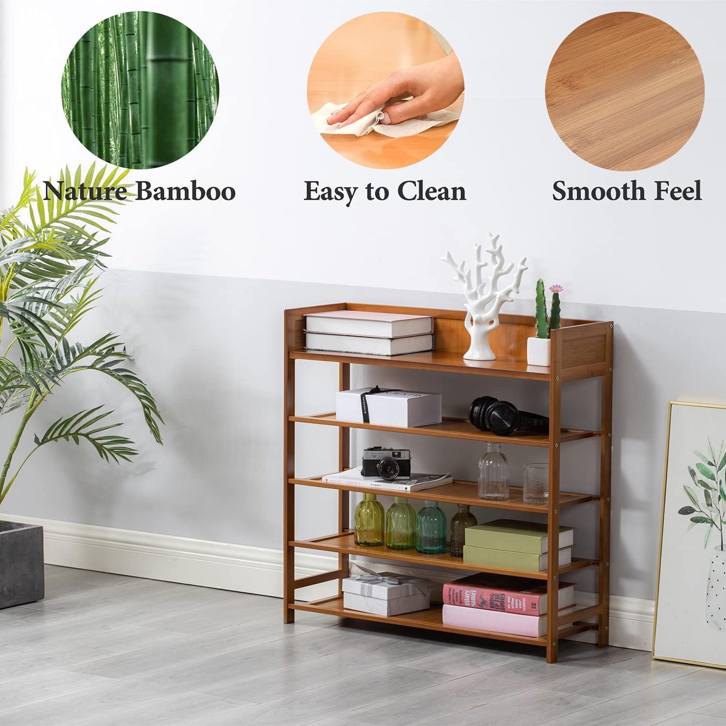 Shoe Rack Organizer, 5 Tier Bamboo Shoe Rack for Entryway, Front Door for Entryway,Closet and Bedroom Storage, Shoe Shelf（Brown）