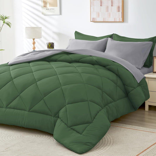 HEVUMYI Twin-XL Comforter Set - 5-Piece All Season Bed in a Bag Twin-XL, Ultra Soft Bedding Set with Comforter, Flat Sheet, Fitted Sheet, Pillowcases, Pillow Shams, Green & Light Grey