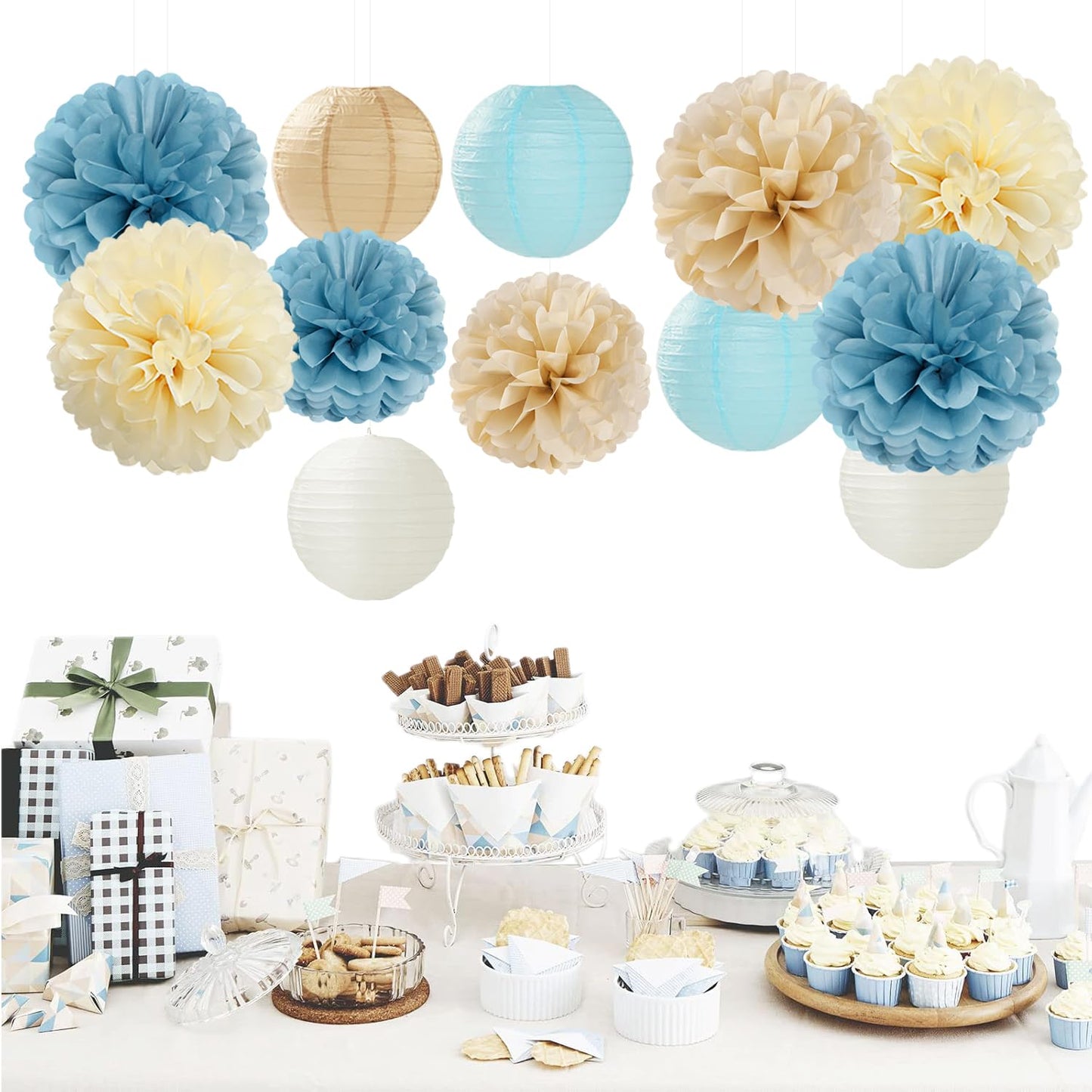 Dusty-Blue Champagne Party-Decorations Paper-Flowers Lanterns - 15pc Boho Beige Gold Tissue Pom Poms Streamers,Birthday Bachelorette Bridal Baby Shower Engagement Wedding Graduations Decor Panduola