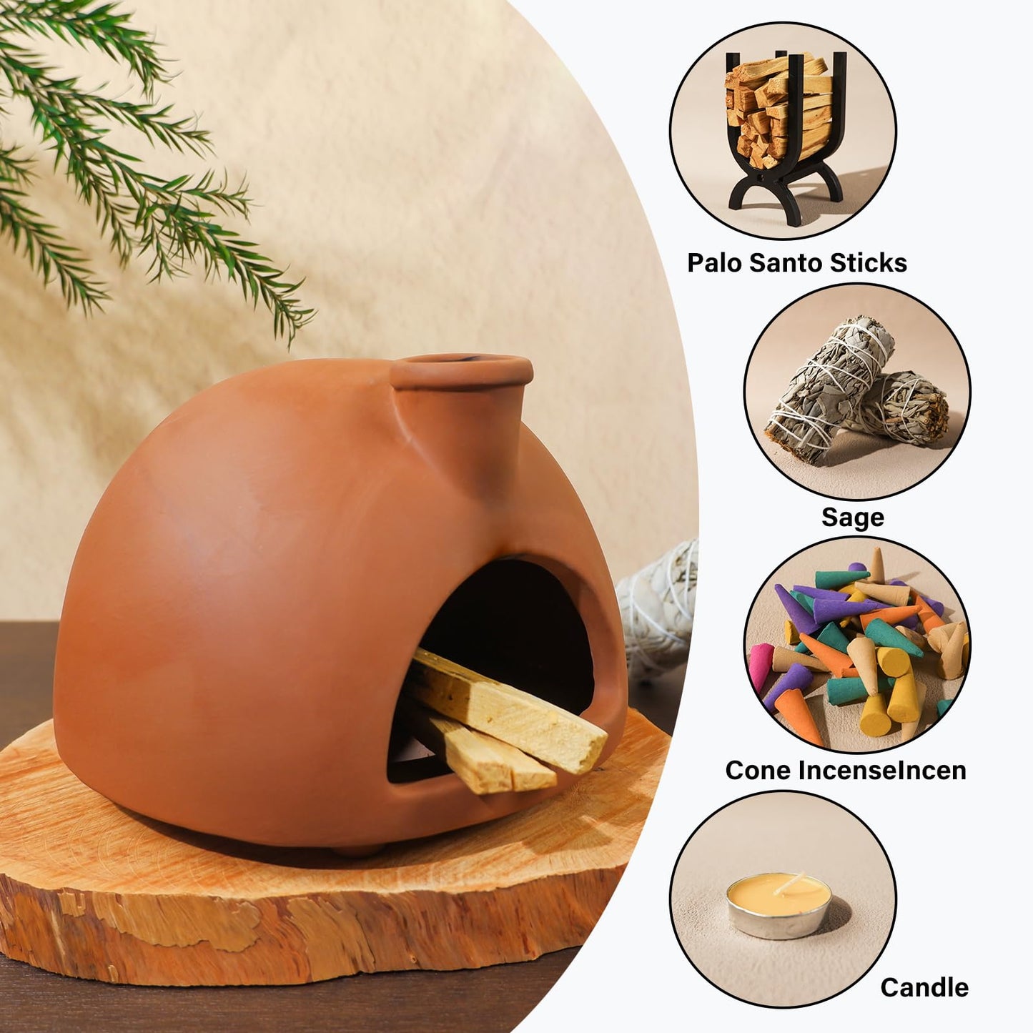 MOUGIGI Large Handmade Terracotta Palo Santo Holder - Chiminea Incense Dish with Chimney, Cone Burner for Sage, Ideal for Meditation, Zen, Yoga, Spa | Aromatherapy, Mindfulness, Altar Decor Gift