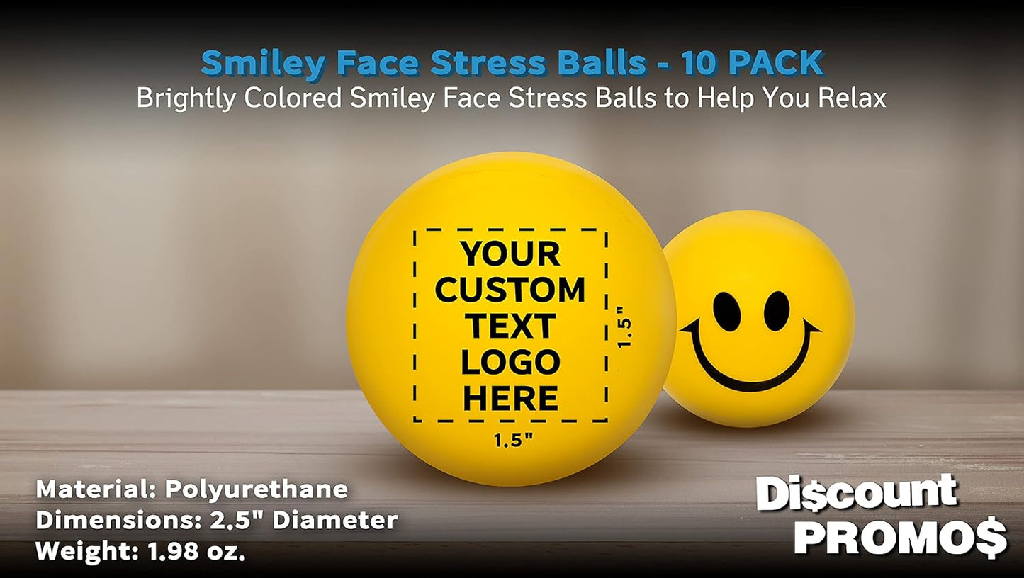 DISCOUNT PROMOS Custom Smiley Squeeze Balls Set of 10, Personalized Bulk Pack - Perfect for Promotional Giveaways - Yellow
