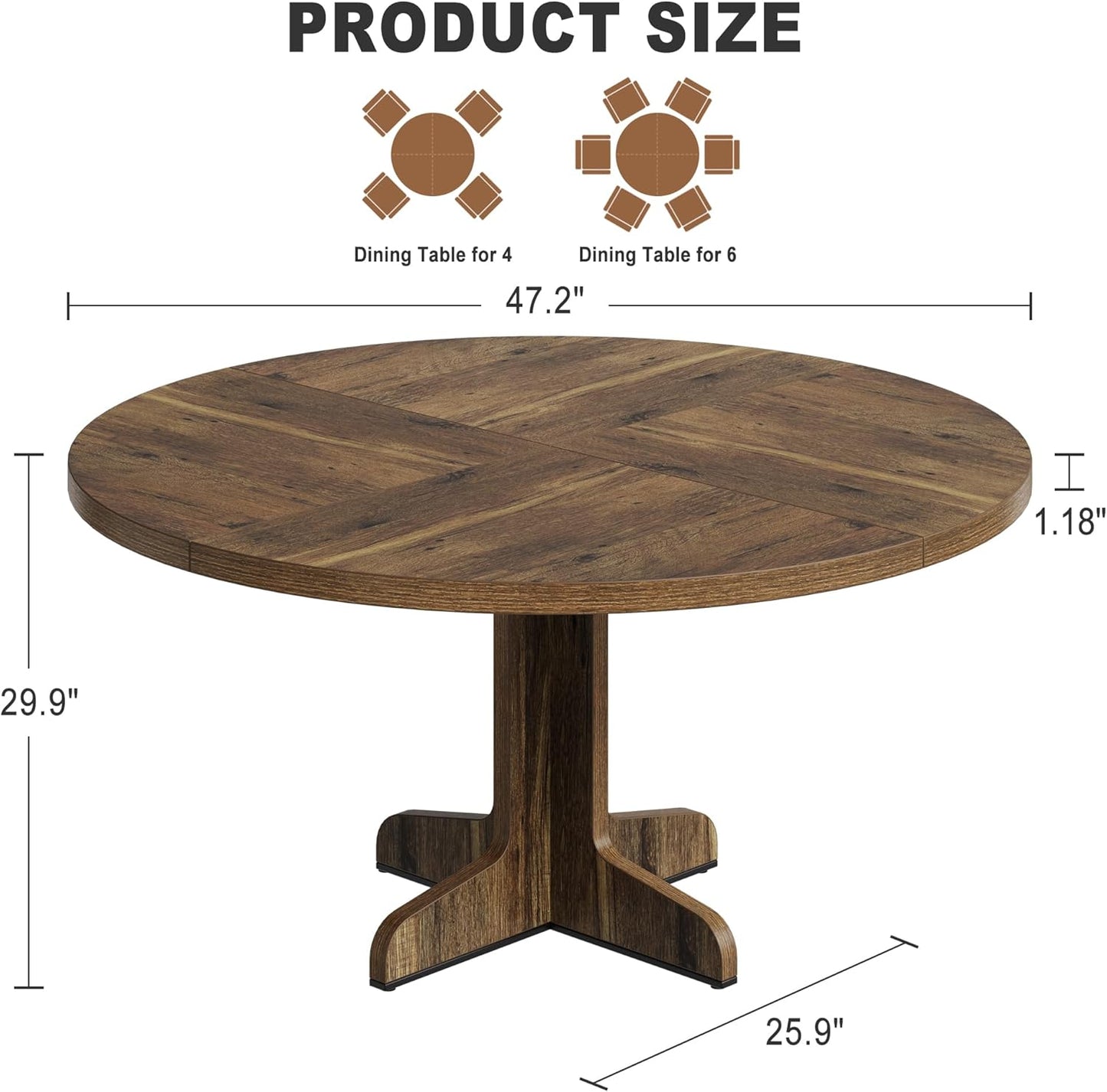 Garvee 47 Inch Round Dining Table for 4, Farmhouse Kitchen Dining Room Circle Dinner Table, Kitchen Dining Room Furniture, Brown (Table Only)