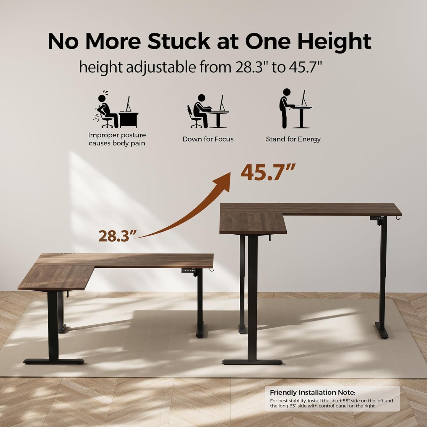 Agilestic 63 x 55 Inch L Shaped Standing Desk Adjustable Height, Corner Standing Desk, Sit Stand Up Computer Table, Splice Board, Dark Walnut