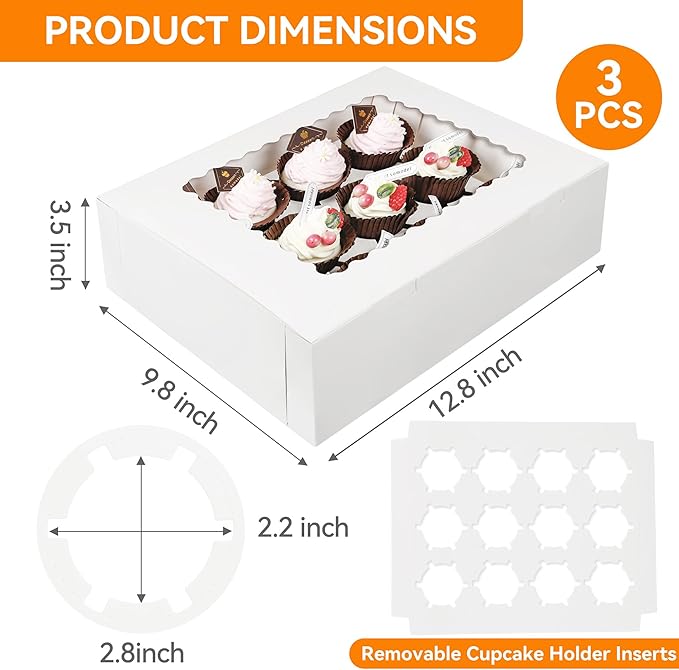 3-Set Cupcake Boxes Bulk with Clear Display Window Hold 12 Standard Cupcakes, Disposable Food Grade White Cupcake Carrier Cupcake Container, Perfect for Cupcakes Muffins Cookies Pastries