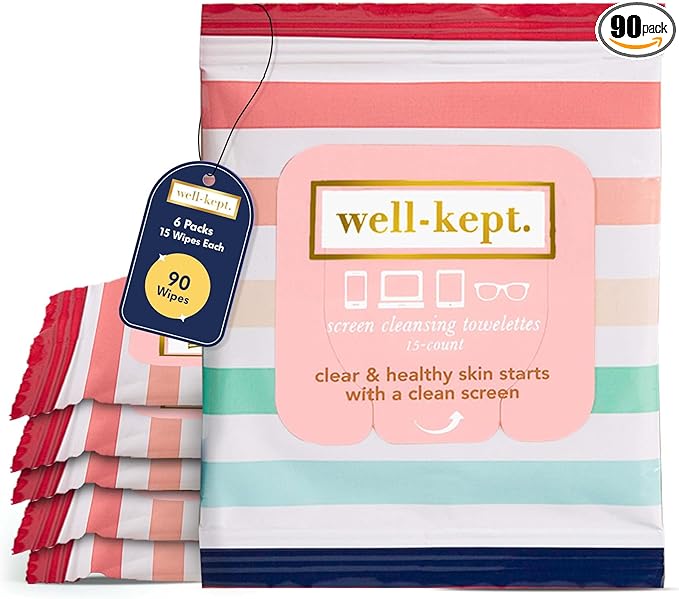 Well-Kept Tech & Lens Wipes - Eyeglass, Screen & Phone Cleaning, Multi-Surface, Lint-Free, Pre Moistened, Streak-Free & Non Scratching - Better Days, 6 Pack (90 Count)