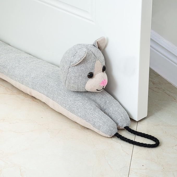 Marwood Under Door Draft Stopper Decorative Wind Stopper 38 inch for Door & Window, Weighted Animal Air Draft Stopper Snake Noise Blocker for Bottom of Door with Hanging Loops - Grey Cat