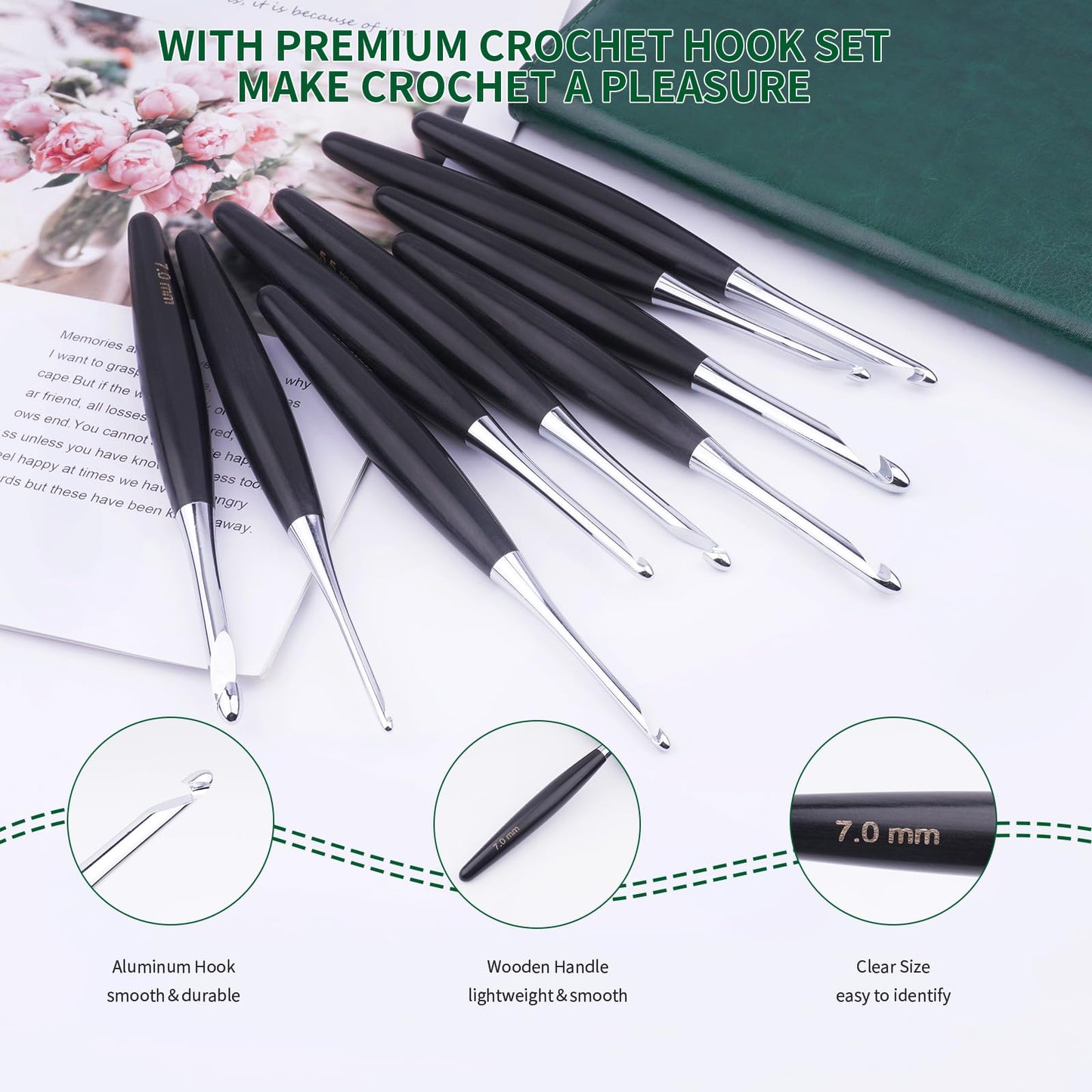 Hobekoee Inline Crochet Hooks Set 9 Sizes 3.5mm(E)-8mm(L) Wooden Handle Crochet Hooks Set with Case,Ergonomic Grip for Arthritic Hands
