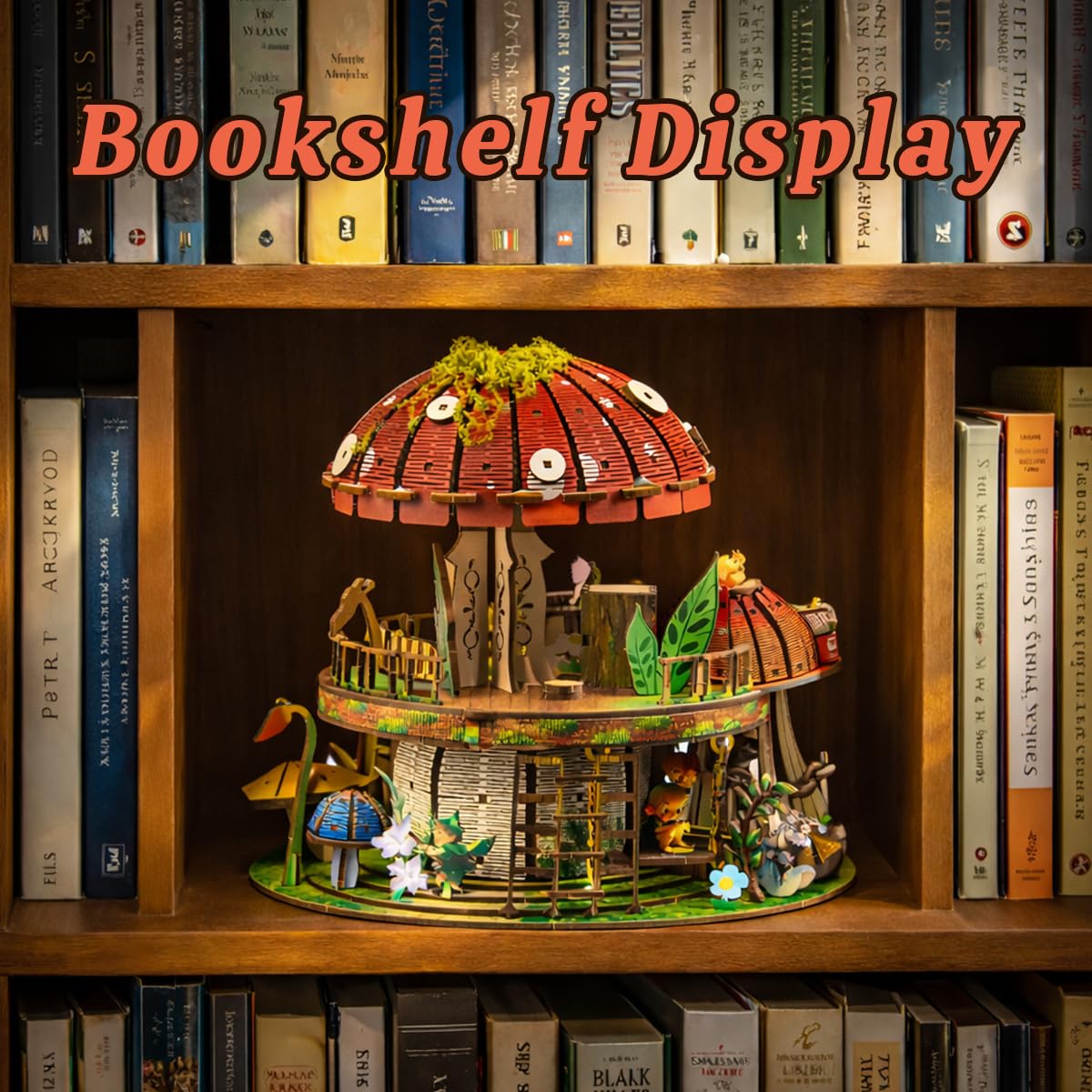 Garden Mushroom Dollhouse Book Nook Kit, DIY Miniature Wooden 3D Puzzle Dollhouse, Fantasy Bookshelf Decor Craft Building Set, Home Shelf Decoration for Adults & Teens, with String Lights Edition